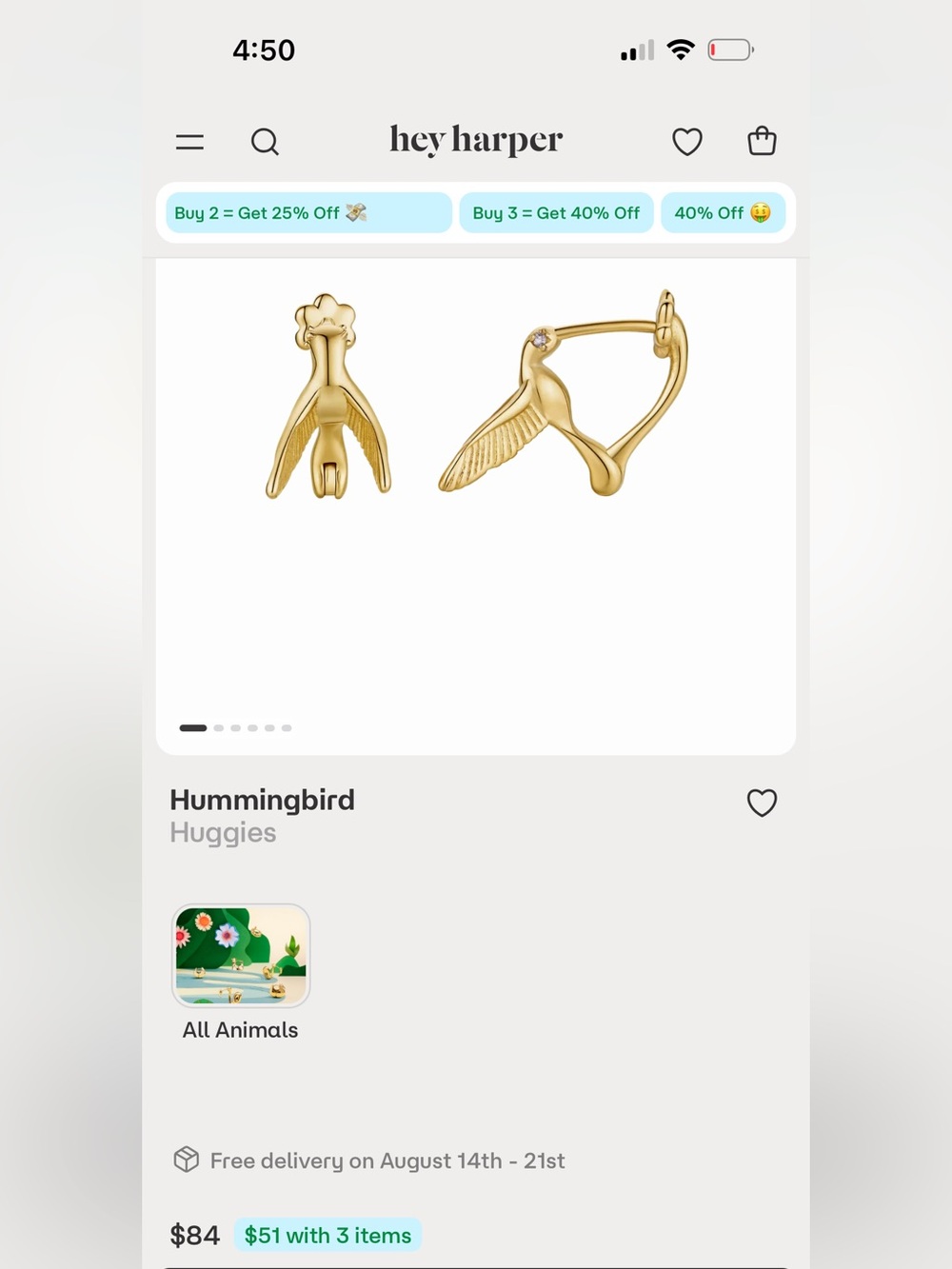 hey harper Hummingbird Huggie Earrings in Gold